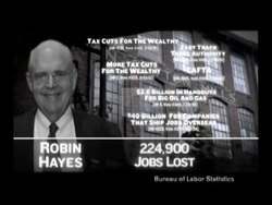 ["The 2008 political TV ad targets Democratic candidate Robin Hayes, highlighting his controversial support for President Bush's economic policies linked to significant job losses in North Carolina. Scenes depict Hayes as conflicted and betraying local interests, with intensive focus on his CAFTA vote and its detrimental impact on employment, juxtaposing his rhetoric on job protection against harsh statistics and his alliance with Bush."]