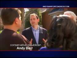["In his 2010 presidential campaign ad, Republican candidate Garland Hale \"Andy\" Barr passionately speaks against excessive government spending, positioning himself as a staunch conservative dedicated to fiscal responsibility. Through various scenes, including backdrops of the American flag and U.S. Capitol, Barr communicates his commitment to conservative values and confidently asserts his position, promising strong financial governance."]