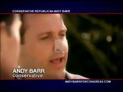 ["In the 2010 political ad, Republican candidate Garland Hale \"Andy\" Barr emphasizes his dedication to conservative values. Several scenes depict Barr addressing the camera with confidence and determination, juxtaposed with patriotic imagery such as American flags. His firm stance and resolute expressions underscore his commitment to strong leadership and protection of conservative ideals."]