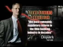 ["The 2008 political TV ad for Mary Jo Kilroy's campaign targets her opponent Steve Stivers by highlighting his connections with the banking industry. It presents Stivers as a lobbyist influenced by banking interests, using visual cues of financial symbols and stacks of money. It criticizes him for policies favoring banks over public interest."]