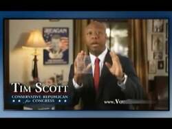 ["In his 2010 presidential campaign ad, Republican Tim Scott speaks confidently from a podium, passionately promoting conservative values while vocally opposing Obamacare. The ad, featuring multiple scenes of Scott advocating for job creation and criticizing wasteful government spending, emphasizes his commitment to revitalizing the economy and upholding conservative principles."]