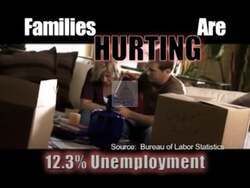["The 2010 political ad against Jerry McNerney features multiple scenes depicting economic hardship. Families appear distressed at kitchen tables surrounded by financial papers, emphasizing joblessness and economic decline. The ad criticizes McNerney���������s fiscal policies using visuals of troubled neighborhoods and overlay text, urging political change to address these issues."]