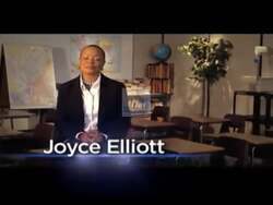 ["In her 2010 presidential campaign ad, Democratic candidate Joyce Elliott repeatedly appears in a classroom setting to underscore her significant background in education and her dedication to reforms that prioritize educational enhancement and local economic growth in Arkansas. Each scene reinforces her strong, inspirational commitment to using her teaching experience to influence practical political solutions and policy goals."]