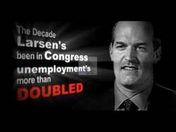 ["In the 2010 political ad, Republican John Koster criticizes opponent Rick Larson for economic mismanagement and job outsourcing. The ad highlights Larson's tenure associated with rising unemployment and contrasts it with Koster's job creation policies. Text and debate scenes underscore the message, endorsing Koster's approach to improving economic conditions."]