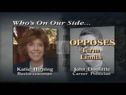 ["The 1994 political TV ad for Democratic candidate Katie Herning contrasts her policy positions sharply with those of her opponent John Doolitle. Highlighted are their differences on term limits, crime laws, Social Security, and abortion rights. The ad features text overlays and split images to emphasize these contrasting political stances."]