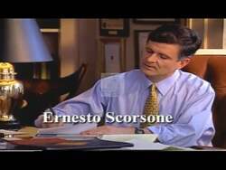 ["In the 1998 campaign ad, Democratic candidate Ernesto Scorsone passionately advocates for healthcare reform and education support. Throughout the ad, various scenes show Scorsone at podiums and in an office setting, emphasizing his dedication and policies. The message, promoted across banners and text overlays, highlights his commitment to improving healthcare and education, punctuated by correct and incorrect pronunciations of his name, signifying his public recognition."]