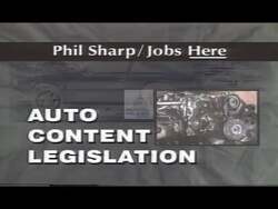["In the 1992 campaign ad, Democratic candidate Phil Sharp presents a strong and passionate appeal focused on protecting and preserving jobs in Indiana. Throughout the ad, Sharp appears confident and dedicated, speaking at various events backed by American flags, enthusiastic supporters, and slogans emphasizing job protection and economic growth."]