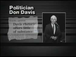 ["In the 1990 presidential campaign ad for H. Martin Lancaster, opponent Don Davis is depicted negatively across multiple scenes. The ad showcases Davis angrily speaking and gesturing, often in dimly-lit settings, while being framed as harmful to education and community trust. The visuals, alongside accusatory text, label him as opposed to educational funding."]