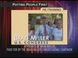["In a 2004 political ad for Democratic candidate Ralph Bradley (Brad) Miller, Shirley, a hopeful, middle-aged former plant worker, shares her journey of transitioning to a teaching career through a job retraining program funded by Miller���������s initiatives. Her gratitude underscores the campaign's focus on supporting education and retraining for displaced workers."]