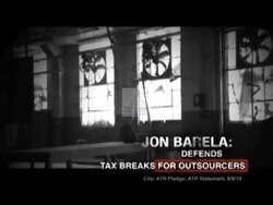 ["The 2010 presidential campaign ad for Democratic Party candidate Anti-Jon Barela critiques opponent John Borrella's stance on outsourcing jobs. The ad features contrasting scenes of Borrella appearing defensive in a factory and speaking confidently in a corporate setting, emphasizing the negative impact of his policies on American workers."]