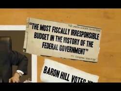 ["The 2010 Republican Party political ad targets candidate Barron Hill, emphasizing his fiscal irresponsibility and linking it to local job losses. Throughout the ad, scenes display Hill in various states of concern or defensiveness, with text overlays and statistical data supporting claims of poor fiscal decisions and economic fallout."]