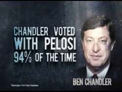["The 2010 Republican Party ad campaigns strongly against Ben Chandler by repeatedly emphasizing his political alignment with Nancy Pelosi. It portrays Chandler negatively, linking him to Pelosi's economic policies and suggesting his voting record has threatened jobs in Kentucky. The ad uses critical text overlays and images to underline Chandler's supposedly detrimental impact on the state's economy."]
