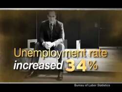 ["The 2010 political TV ad by Republican Party candidate Anti-Harry Teague criticizes Harry Teague's policies, associating them with job losses and economic decline in New Mexico. The ad visually emphasizes this message through imagery of distressed workers, a desolate urban environment, and an animated graph showing rising unemployment rates."]