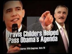 ["The 2010 Republican Party campaign ad criticizes Democrat Travis Childers by linking him with Obama and Pelosi. It argues Childers' support for their policies exacerbated job losses and national debt. Featuring visuals of distressed workers and factory closures, the ad emphasizes economic decline, casting Childers in a negative light amid ominous music."]