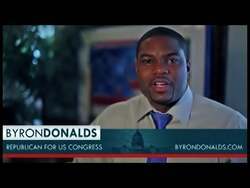 ["In the 2012 campaign ad, Republican Byron Donalds confidently addresses the nation, underscoring his commitment to conservative values and leadership. With scenes set against American flags and campaign banners, Donalds communicates a strong, urgent need for conservative leadership, directly appealing to viewers with his focused and earnest message."]