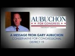 ["In a 2012 political TV ad, Republican candidate Gary Aubuchon earnestly appeals to voters, promoting fiscal responsibility and urging support for his Congressional campaign. Throughout the ad, Aubuchon is seen speaking directly to viewers against campaign posters and American flags, emphasizing his gratitude and the importance of volunteerism."]