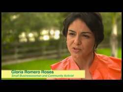 ["In her 2012 campaign ad, Gloria Romero Roses passionately discusses her personal struggles and political challenges, advocating for equitable economic policies and bipartisan solutions. Through various scenes, she emphasizes teamwork, fairness, and community-focused progress, resonating with a diverse audience amidst American flags and supportive crowds."]