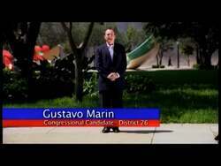 ["In the 2012 political ad for Democratic Party candidate Gustavo Marin, he passionately speaks at various rallies, passionately advocating for job creation, enhanced education, and stronger community welfare. He is seen addressing enthusiastic and diverse crowds, emphasizing unity and local support, with American flags often in the background."]