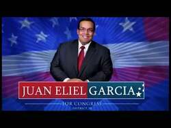 ["In the 2012 TV ad, Republican Juan Eliel Garcia fervently advocates for political change and progress. Throughout various scenes, he is depicted speaking forcefully to an attentive crowd from a podium, backed by campaign banners and the American flag, conveying a message of hope and dedication to his audience."]