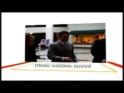 ["In the 2012 political TV ad, Republican candidate Richard Clark emphasizes conservative values and national defense, appearing confident and presidential. Clark speaks at various podiums with American flags, stressing strong military capabilities, shown through scenes of military personnel and tanks in action, underscoring his commitment to America's strength and security."]