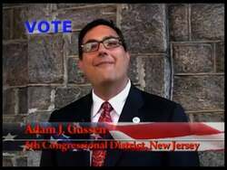 ["In the 2012 political TV ad, Republican congressional candidate Adam Gussen emphasized the importance of voter participation. Throughout the scenes, Gussen speaks earnestly into the camera, with various campaign posters visible in the background. He expressed a commitment to improving New Jersey, highlighted by his speech in front of the State House, urging voter turnout for the congressional election."]