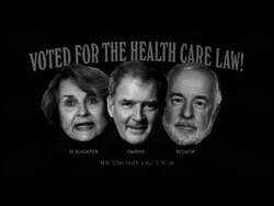 ["The political TV ad strongly criticizes politicians Bill Owens, Tim Bishop, and Louise Slaughter for supporting the contentious healthcare law, labeling it as a punitive tax. It features a mix of negative imagery and text, framing the trio in somber and disagreeable contexts during debates. The ad urges viewers to support its repeal, emphasizing public dissatisfaction and Supreme Court labeling the law a tax."]