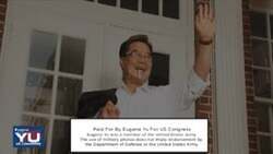 ["The 2014 TV ad for Republican Party candidate Eugene Chin Yu features him in military uniform, saluting and standing before the American flag. Emphasizing his patriotism, service, and dedication, the ad portrays Yu as a committed, resolute figure, aiming to translate his military values into political leadership, primarily focused on American ideals and loyalty."]