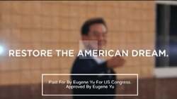 ["In a patriotic 2014 presidential campaign ad, Republican candidate Eugene Chin Yu, dressed in a fireman uniform, is portrayed as a symbol of service and dedication. Flanked by U.S. flags, Yu solemnly pledges to protect, serve, and uphold constitutional values, emphasizing his commitment to public service with sincerity while addressing the camera."]