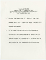 ["Talking points by Senator Dole to the President's Committee on Employment of People with Disabilities. He discusses the importance of disabled Americans in the workforce and the proposed Americans with Disabilities Act."]