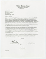 ["This packet of correspondence includes several copies of the same letter sent to various defense politicians including the Secretary of Defense and the Chairman of the Subcommittee on Defense Appropriations."]