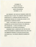["Senator Dole's closed captioning of his Senate proceeding statement regarding the Senate resolution calling for closed captioning of Senate proceedings."]