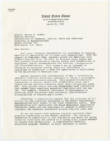 ["Letter to Senator Warren B. Rudman from Senator Bob Dole requesting appropriations to fund a technical assistance program through the Equal Employment Opportunity Commission and the Department of Justice."]