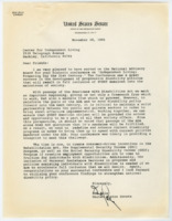 ["Letter to the Center for Independent Living from Senator Bob Dole congratulating them on their successful conference, and outlining his vision for helping disabled Americans beyond the Americans with Disabilities Act."]