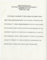 ["Speech by Senator Bob Dole to the National Organization on Disability advocating for the Americans with Disabilities Act."]