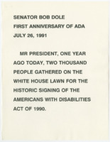 ["Speech by Senator Bob Dole celebrating the first anniversary of the Americans with Disabilities Act."]