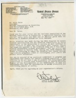 ["Letters between Senator Lowell P. Weicker Jr. and the National Organization on Disability President, Allen Reich. Includes newsletters from the National Organization on Disability."]
