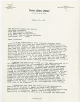 ["Letters from Senator Bob Dole grouped together in a folder dating August 12, 1990, September 18, 1990, and October 13, 1991 respectively. Letters are addressed to the Food and Consumer Services, Delaware Valley Project with Industry, Inc., and PARAQUAD respectively. Also contains a testimony of Janet Dorsey before the Equal Opportunity Employment Commission"]