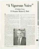 ["Published letter from Senator Bob Dole titled \"A Vigorous Voice\" and article written by John M. Williams and Chet Nagle headed with \"The ADA, An Analysis: What Will The Americans with Disabilities Act Mean To You?\" They appear in CAREERS & the disABLED Spring 1991 issue."]