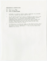 ["Memorandum including a note acknowledging a political cartoon Senator Dole received from Sheila Frahm. Also includes notes about the Kansas Disability Caucus luncheon."]