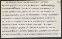 ["Speech cards from Speech on Senate Floor regarding childhood hunger amendment S.2702"]