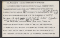 ["Speech cards for speech on Senate Floor regarding childhood hunger amendment S.2702"]