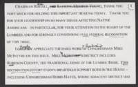 ["Speech cards for a speech on the Senate floor supporting federal recognition of the Lumbee Tribe."]