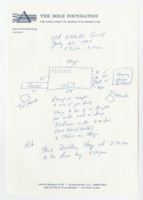 ["Handwritten note that includes a sketch plan of the Old Ebbitt Grill. Includes room dimensions, stage, ramp, and television placements."]