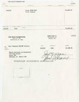 ["Check from the Dole Foundation made out to the World Institute on Disability in the amount of $5,000 for \"First Payment.\" Attached is a check request form and list of work the World Institute on Disability is contracted to do."]