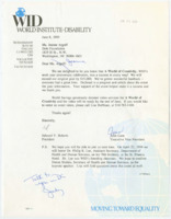 ["Letter from the World Institute on Disability to Jeanne Argoff at the Dole Foundation concerning the WID's 10th Anniversary Celebration"]