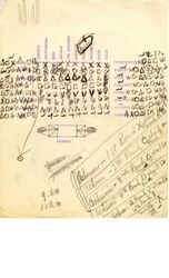 ["The symbols on this document track the committee members' questions, passes, and absences during ten rounds of testimony from Secretary of State Dean Acheson. The writing at the bottom of the page provides a key to the symbols, and how Senator Russell denoted a pass in each round--a pass meaning that a senator did not ask a question during that round."]