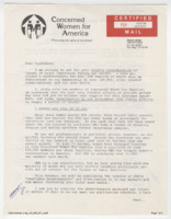 ["Anti- ERA (Equal Rights Amendment) form letter from Beverly LaHaye, Founder of Concerned Women for America directed towards politicians, along with a questionnaire to collect stances on issues such as education, abortion, women's rights, and sexual orientation."]