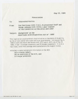 ["Memorandum from the Labor Counsel of the Committee on Education and Labor. Attached is a status report, overview of the ADA, and major problems with the bill."]