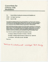 ["Letter to staff members of Senators handling the Americans with Disabilities Act from the Consortium for Citizens with Disabilities regarding a Motion to Instruct on the Chapman Amendment of the ADA. Attached are additional materials on the proposed amendment and HIV/ AIDS"]