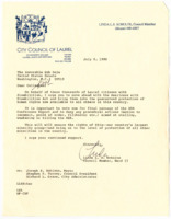 ["Letter to Senator Dole from Linda L. S. Schulte, City Council Member of Laurel, Maryland, expressing her support for the Americans with Disabilities Act."]